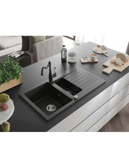 Mexen Matias zlewozmywak granitowy 1,5-komorowy z ociekaczem i baterią kuchenną Carla czarny/złoty metalik - 6502-75-670700-70, 2 image