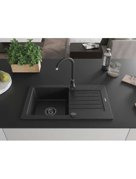 Mexen Pablo zlewozmywak granitowy 1-komorowy z ociekaczem 752 x 436 mm, czarny, syfon czarny - 6510751010-77-B, 3 image