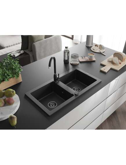 Mexen Mario zlewozmywak granitowy 2-komorowy 820 x 436 mm, czarny/srebrny metalik, syfon czarny - 6504822000-73-B, изображение 2