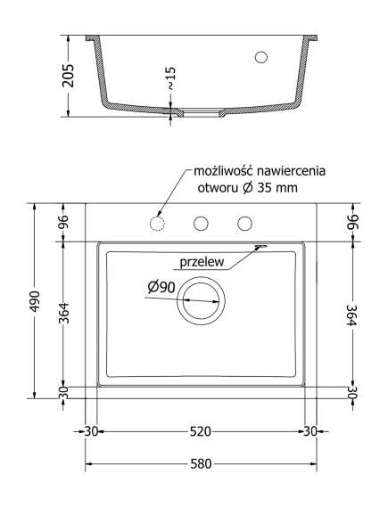 Mexen Oscar zlewozmywak granitowy 1-komorowy 580 x 490 mm, czarny/złoty metalik, syfon złoty - 6519581000-75-G, изображение 5