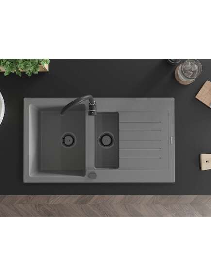 Mexen Matias zlewozmywak granitowy 1,5-komorowy ociekaczem 900 x 505 mm, szary, syfon czarny - 6502901505-71-B, изображение 4