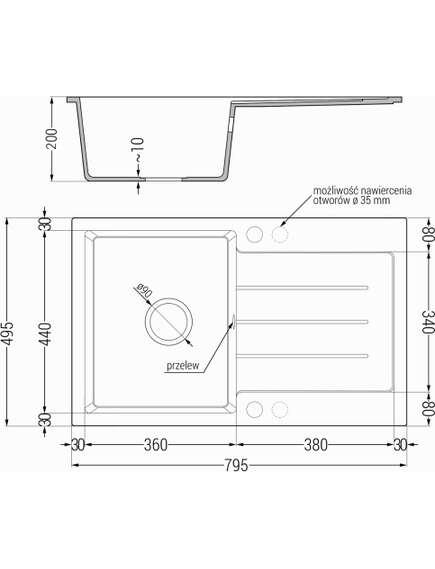 Mexen Bruno zlewozmywak granitowy 1-komorowy z ociekaczem 795 x 495 mm, czarny/srebrny metalik, syfon czarny - 6513791010-73-B, изображение 5