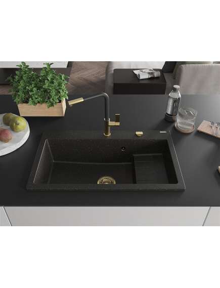 Mexen Omar zlewozmywak granitowy 1-komorowy 800 x 480 mm, czarny/złoty metalik, syfon złoty - 6520801005-75-G, 3 image