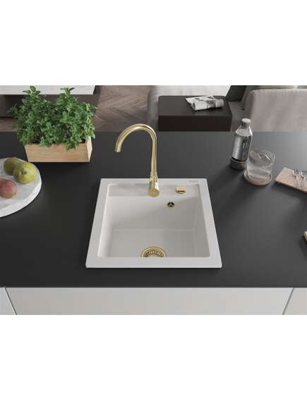 Mexen Vito zlewozmywak granitowy 1-komorowy 520 x 490 mm, biały, syfon złoty - 6503521000-20-G, изображение 3