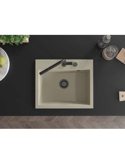 Mexen Oscar zlewozmywak granitowy 1-komorowy 580 x 490 mm, beżowy, syfon czarny - 6519581000-69-B, изображение 4
