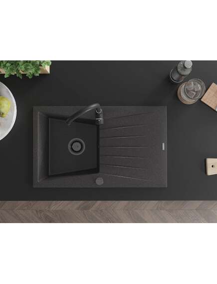 Mexen Cesar zlewozmywak granitowy 1-komorowy z ociekaczem 775 x 470 mm, czarny nakrapiany, syfon czarny - 6514771010-76-B, 4 image