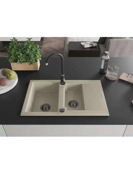 Mexen Gaspar zlewozmywak granitowy 1,5-komorowy z ociekaczem 737 x 475 mm, beżowy, syfon czarny - 6507731505-69-B, изображение 3