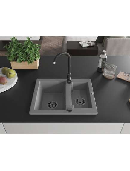 Mexen Carlos zlewozmywak granitowy 1,5-komorowy 582 x 475 mm, szary, syfon czarny - 6518581500-71-B, изображение 3