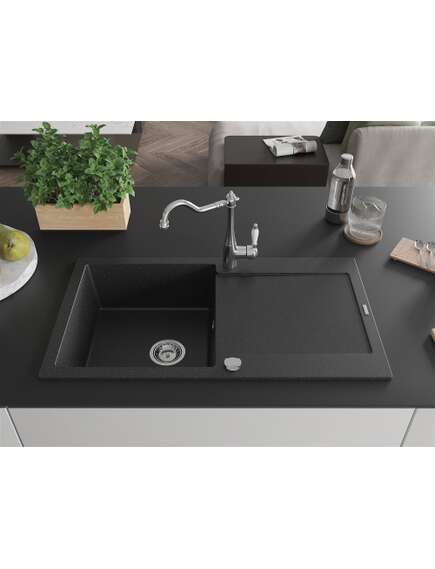 Mexen Leo zlewozmywak granitowy 1-komorowy z ociekaczem i baterią kuchenną Carla, czarny/srebrny metalik - 6501-73-670700-00, 3 image