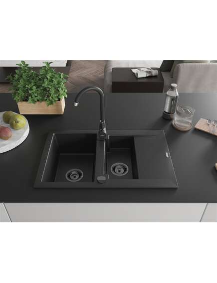 Mexen Gaspar zlewozmywak granitowy 1,5-komorowy z ociekaczem 737 x 475 mm, czarny, syfon czarny - 6507731505-77-B, изображение 3