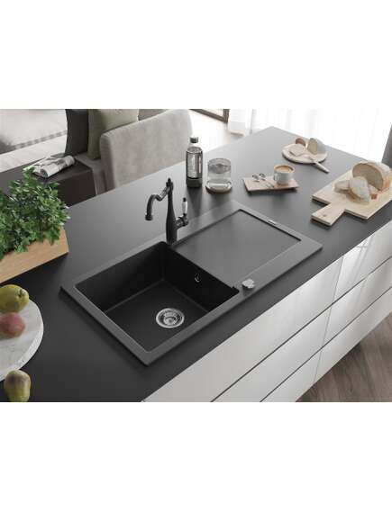 Mexen Leo zlewozmywak granitowy 1-komorowy z ociekaczem i baterią kuchenną Carla, czarny/srebrny metalik - 6501-73-670700-70, 2 image