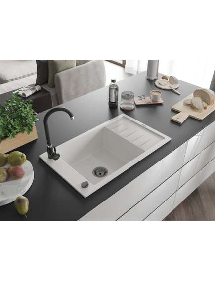 Mexen Elias zlewozmywak granitowy 1-komorowy z ociekaczem 795 x 480 mm, biały, syfon czarny - 6511791005-20-B, изображение 2