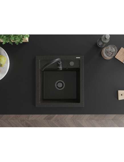 Mexen Vito zlewozmywak granitowy 1-komorowy 520 x 490 mm, czarny/złoty metalik, syfon czarny - 6503521000-75-B, изображение 3