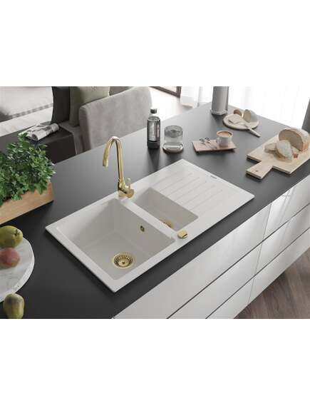 Mexen Matias zlewozmywak granitowy 1,5-komorowy z ociekaczem 900 x 505 mm, biały, syfon złoty - 6502901505-20-G, изображение 2