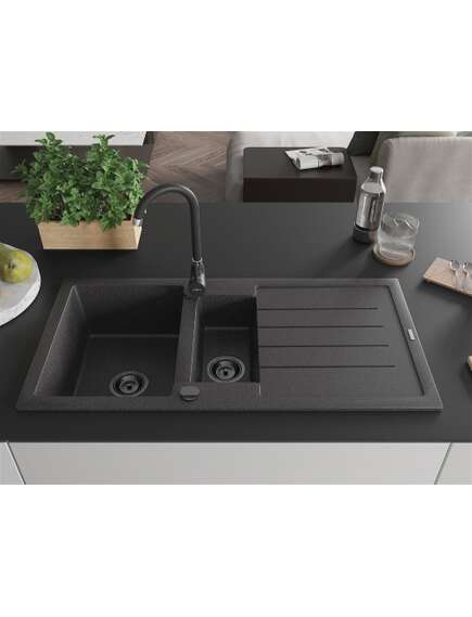 Mexen Andres zlewozmywak granitowy 1,5-komorowy z ociekaczem 1000 x 500 mm czarny nakrapiany, syfon czarny - 6515101510-76-B, 3 image