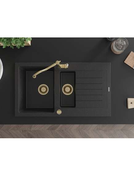 Mexen Matias zlewozmywak granitowy 1,5-komorowy z ociekaczem i baterią kuchenną Carla czarny/srebrny metalik - 6502-73-670700-50, 4 image