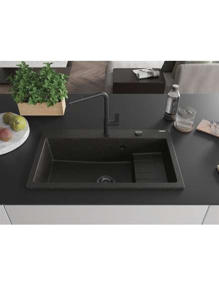 Mexen Omar zlewozmywak granitowy 1-komorowy 800 x 480 mm, czarny/złoty metalik, syfon czarny - 6520801005-75-B, 3 image