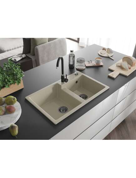 Mexen Tomas zlewozmywak granitowy 2-komorowy 800 x 500 mm, beżowy, syfon czarny - 6516802000-69-B, изображение 2