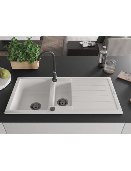 Mexen Andres zlewozmywak granitowy 1,5-komorowy z ociekaczem 1000 x 500 mm, biały, syfon czarny - 6515101510-20-B, изображение 3