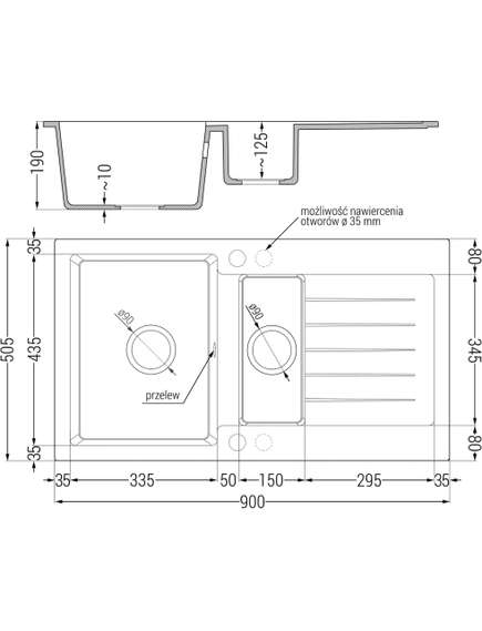 Mexen Matias zlewozmywak granitowy 1,5-komorowy z ociekaczem 900 x 505 mm czarny/srebrny metalik, syfon czarny - 6502901505-73-B, изображение 5
