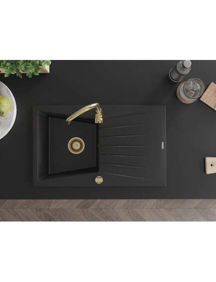 Mexen Cesar zlewozmywak granitowy 1-komorowy z ociekaczem 775 x 470 mm, czarny, syfon złoty - 6514771010-77-G, изображение 4