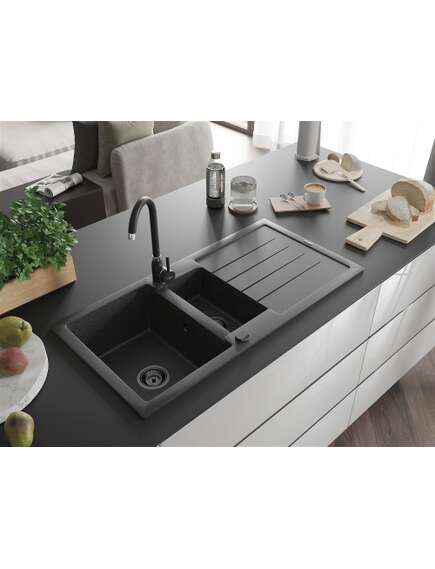 Mexen Andres zlewozmywak granitowy 1,5-komorowy z ociekaczem 1000 x 500 mm czarny nakrapiany, syfon czarny - 6515101510-76-B, 2 image
