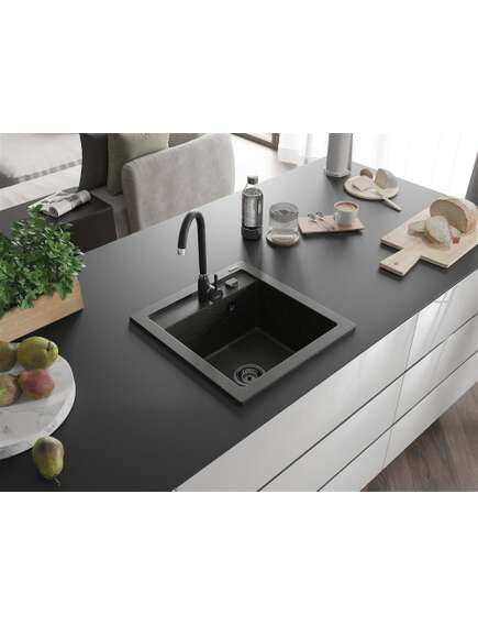 Mexen Vito zlewozmywak granitowy 1-komorowy 520 x 490 mm, czarny/złoty metalik, syfon czarny - 6503521000-75-B, изображение 2