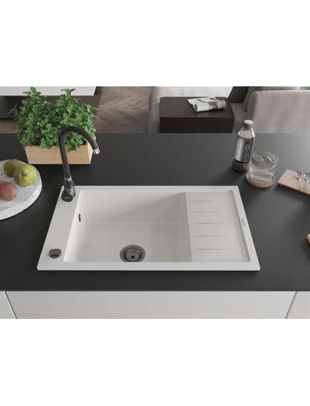 Mexen Elias zlewozmywak granitowy 1-komorowy z ociekaczem 795 x 480 mm, biały, syfon czarny - 6511791005-20-B, изображение 3