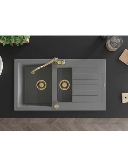 Mexen Matias zlewozmywak granitowy 1,5-komorowy z ociekaczem i baterią kuchenną Carla, szary - 6502-71-670700-50, 4 image