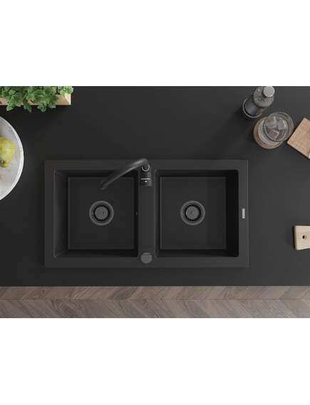 Mexen Mario zlewozmywak granitowy 2-komorowy 820 x 436 mm, czarny, syfon czarny - 6504822000-77-B, изображение 3