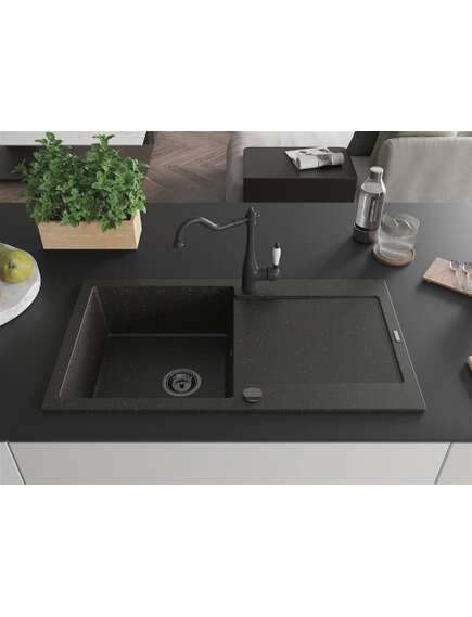 Mexen Leo zlewozmywak granitowy 1-komorowy z ociekaczem i baterią kuchenną Carla, czarny/złoty metalik - 6501-75-670700-70-B, изображение 3