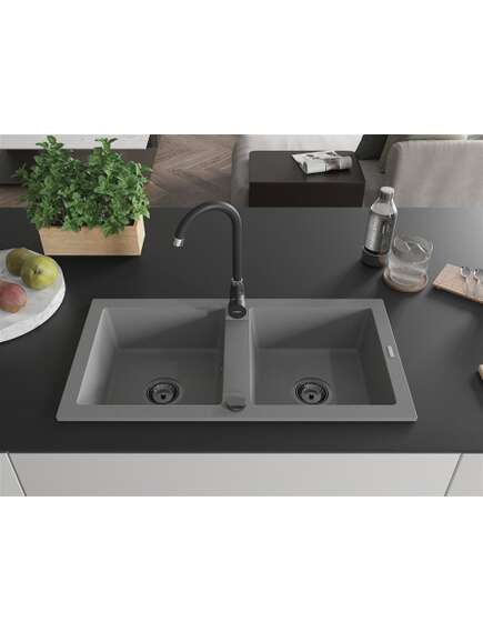 Mexen Mario zlewozmywak granitowy 2-komorowy 820 x 436 mm, szary, syfon czarny - 6504822000-71-B, 4 image