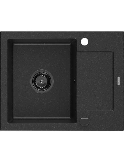 Mexen Enzo zlewozmywak granitowy 1-komorowy z ociekaczem 576 x 465 mm, czarny/srebrny metalik, syfon czarny - 6506571005-73-B