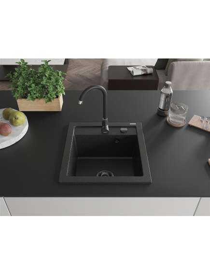 Mexen Vito zlewozmywak granitowy 1-komorowy 520 x 490 mm, czarny/srebrny metalik, syfon czarny - 6503521000-73-B, изображение 3