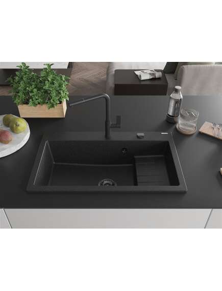 Mexen Omar zlewozmywak granitowy 1-komorowy 800 x 480 mm, czarny/srebrny metalik, syfon czarny - 6520801005-73-B, изображение 3