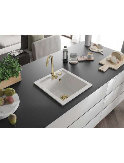 Mexen Vito zlewozmywak granitowy 1-komorowy 520 x 490 mm, biały, syfon złoty - 6503521000-20-G, изображение 2