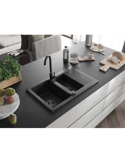 Mexen Gaspar zlewozmywak granitowy 1,5-komorowy z ociekaczem 737 x 475 mm, czarny, syfon czarny - 6507731505-77-B, изображение 2