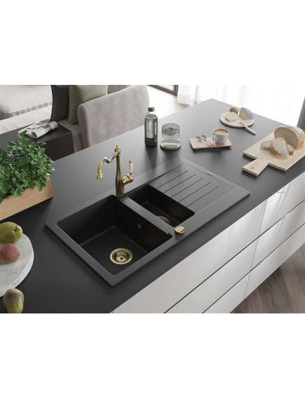 Mexen Matias zlewozmywak granitowy 1,5-komorowy z ociekaczem i baterią kuchenną Carla czarny/srebrny metalik - 6502-73-670700-50, 2 image