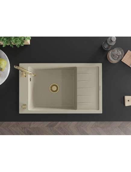 Mexen Elias zlewozmywak granitowy 1-komorowy z ociekaczem 795 x 480 mm, beżowy, syfon złoty - 6511791005-69-G, изображение 4