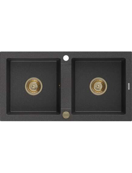 Mexen Mario zlewozmywak granitowy 2-komorowy 820 x 436 mm, czarny nakrapiany, syfon złoty - 6504822000-76-G