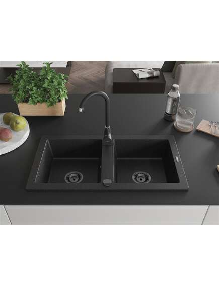 Mexen Mario zlewozmywak granitowy 2-komorowy 820 x 436 mm, czarny/srebrny metalik, syfon czarny - 6504822000-73-B, изображение 3