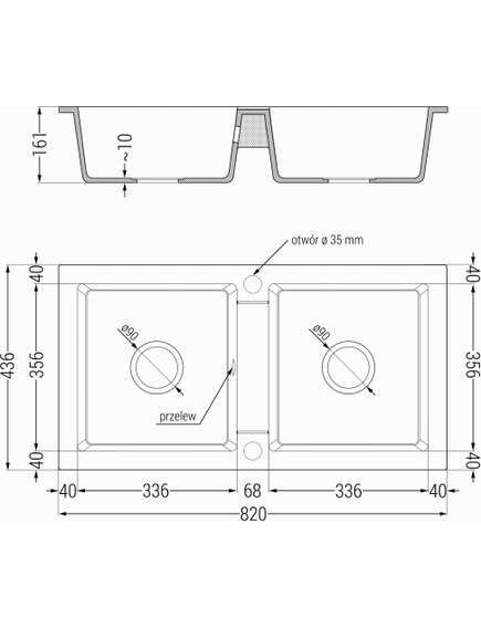 Mexen Mario zlewozmywak granitowy 2-komorowy 820 x 436 mm, czarny/złoty metalik, syfon czarny - 6504822000-75-B, изображение 5