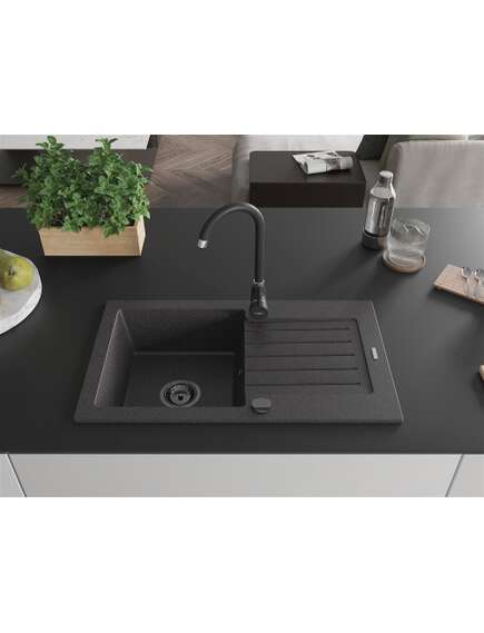 Mexen Pablo zlewozmywak granitowy 1-komorowy z ociekaczem 752 x 436 mm, czarny nakrapiany, syfon czarny - 6510751010-76-B, изображение 3