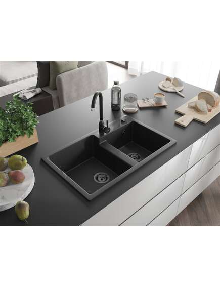 Mexen Tomas zlewozmywak granitowy 2-komorowy 800 x 500 mm, czarny/srebrny metalik, syfon czarny - 6516802000-73-B, 2 image