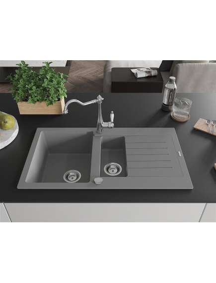 Mexen Matias zlewozmywak granitowy 1,5-komorowy z ociekaczem i baterią kuchenną Carla, szary - 6502-71-670700-00, 3 image