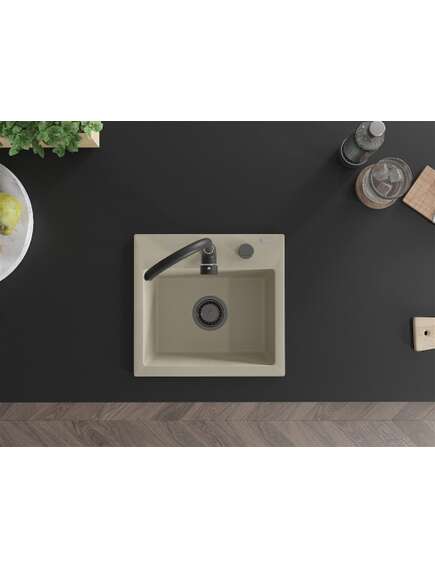 Mexen Milo zlewozmywak granitowy 1-komorowy 435 x 410 mm, beżowy, syfon czarny - 6505441000-69-B, изображение 4