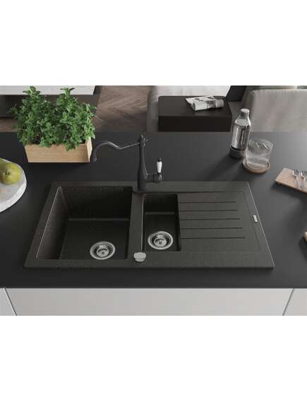 Mexen Matias zlewozmywak granitowy 1,5-komorowy z ociekaczem i baterią kuchenną Carla czarny/złoty metalik - 6502-75-670700-70, 3 image