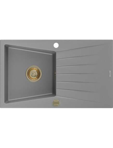 Mexen Cesar zlewozmywak granitowy 1-komorowy z ociekaczem 775 x 470 mm, szary, syfon złoty - 6514771010-71-G
