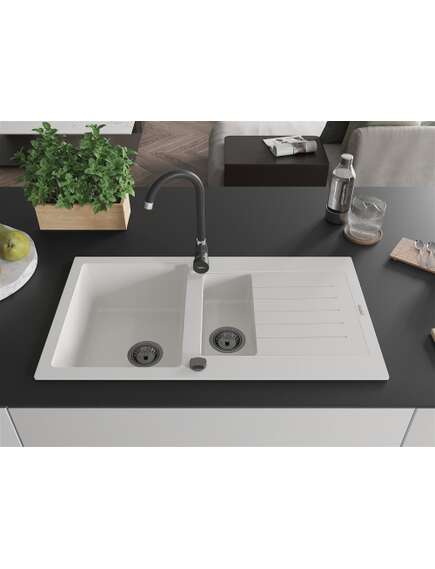 Mexen Matias zlewozmywak granitowy 1,5-komorowy z ociekaczem 900 x 505 mm, biały, syfon czarny - 6502901505-20-B, изображение 3