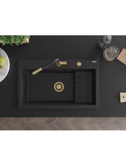 Mexen Omar zlewozmywak granitowy 1-komorowy 800 x 480 mm, czarny, syfon złoty - 6520801005-77-G, изображение 4